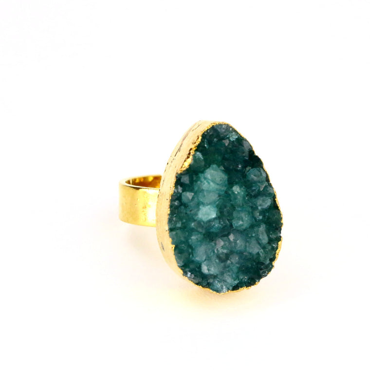 Green Druzy Agate Tear Drop Ring